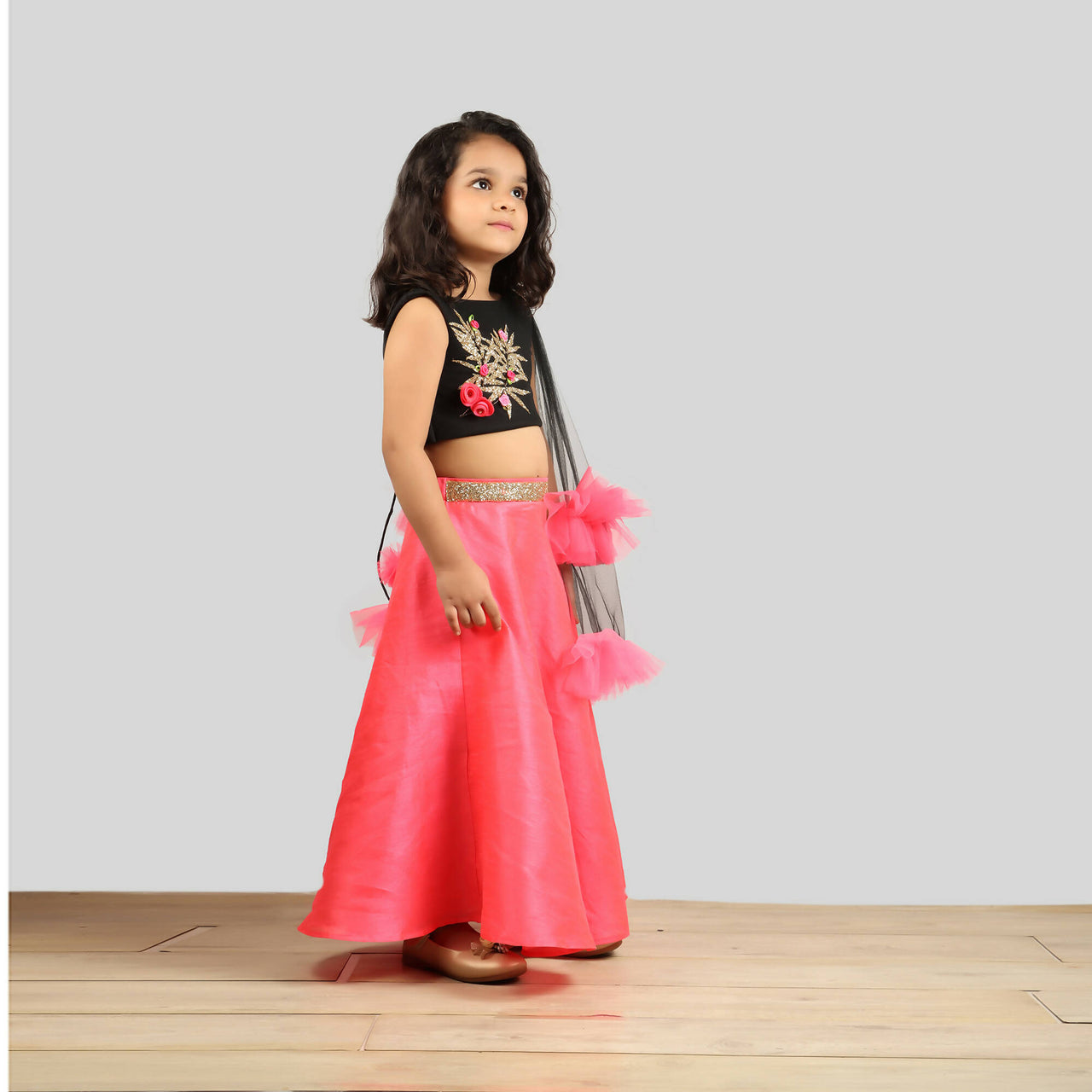 Pink Cow Fashions Black & Pink Ghagra Choli With Frill Dupatta - Distacart