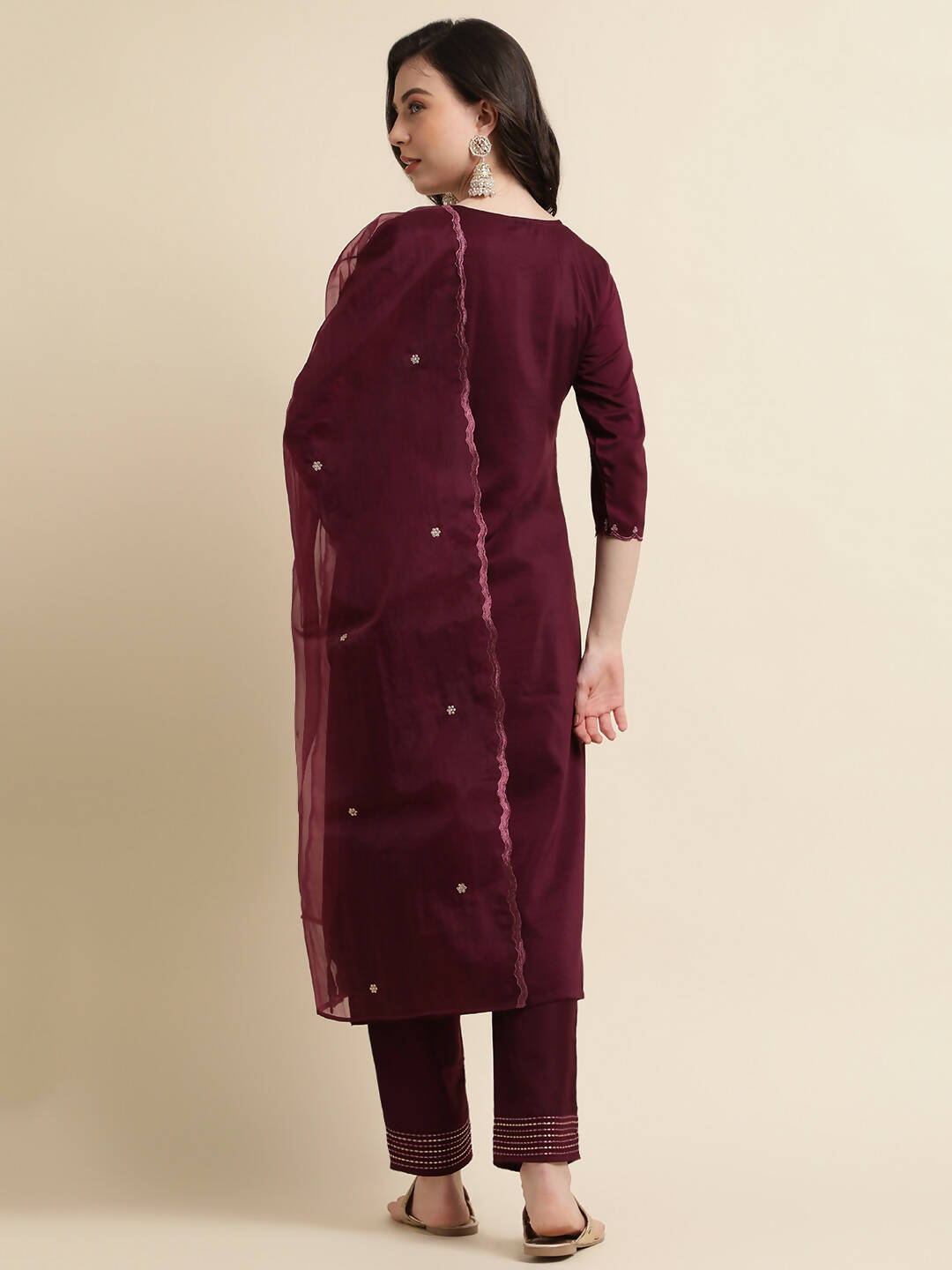 Purple Chinon Silk Embroidered Straight Kurta with Trouser & Dupatta - Salimar - Distacart