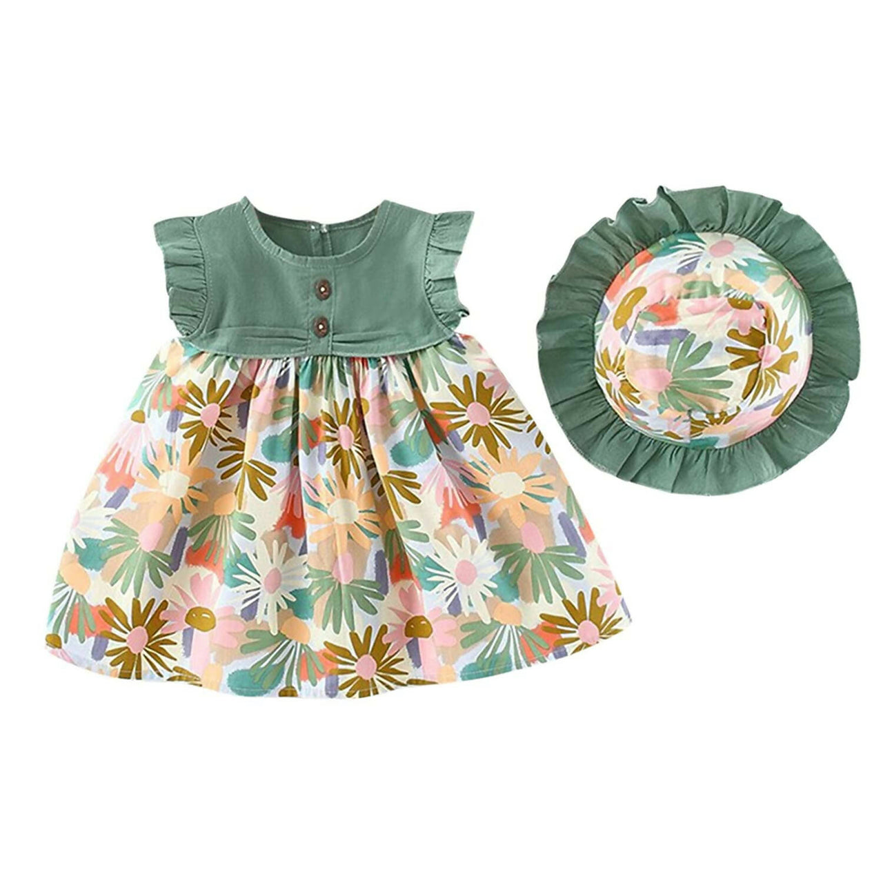 Bold N Elegant Cotton Floral Printed Ruffle Sleeve Princess Dress Frock With Fabric Hat Cap - Green - Distacart