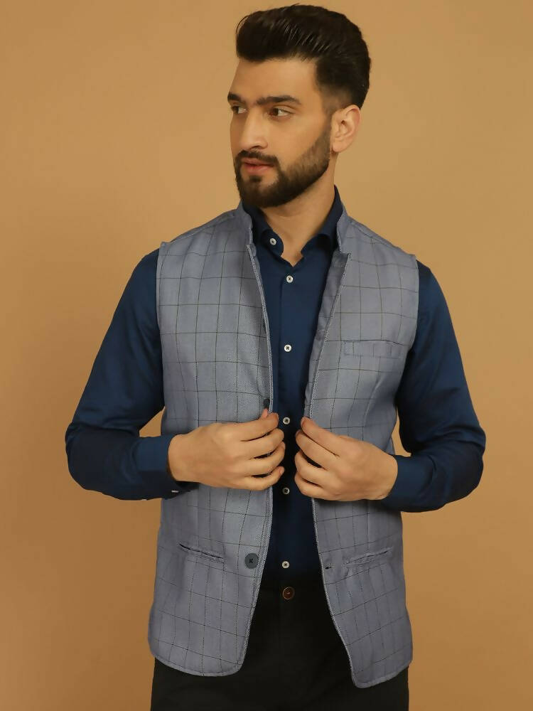 Even Apparels Nehru Jacket With Welt Pockets - Blue - Distacart