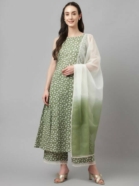 FIORRA Women's Green Lurex Cotton Flared Kurta Palazzo Set With Dupatta - Distacart