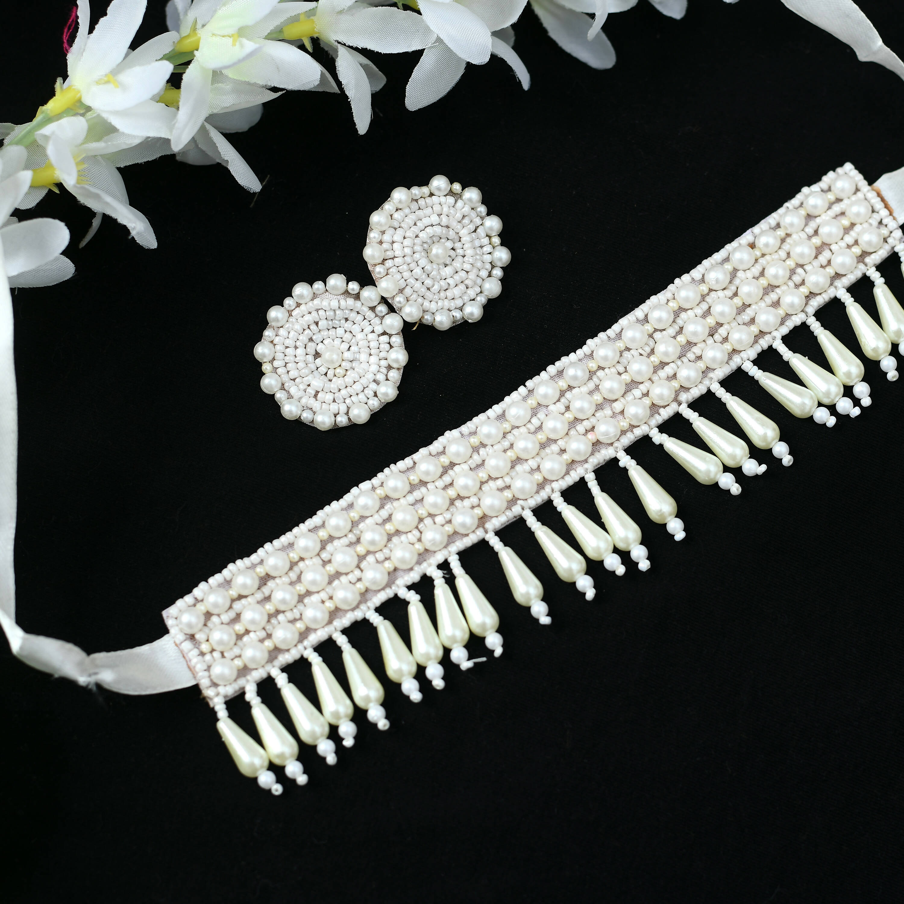 Mominos Fashion Johar Kamal Off White Handicraft Pearls Necklace with Earrings For Women - Distacart
