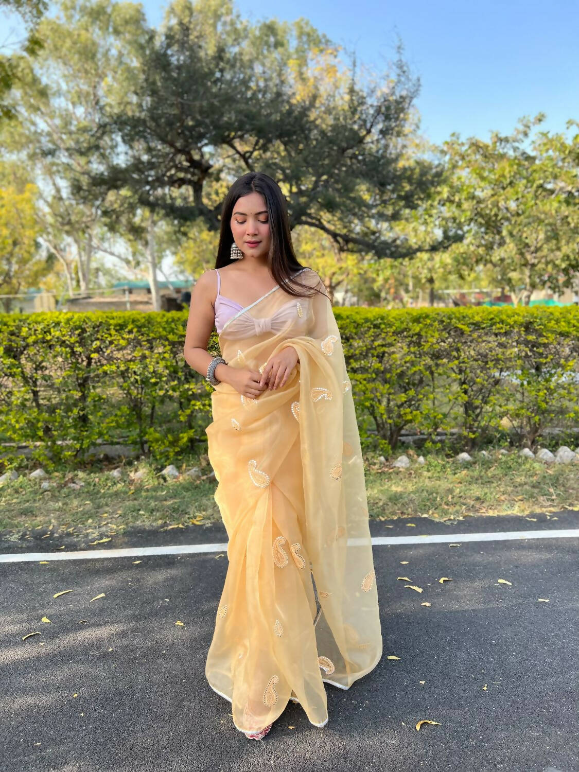 Vastrasky Yellow Organza Saree - Distacart
