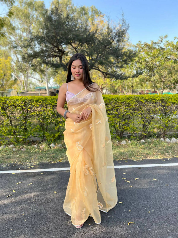 Vastrasky Yellow Organza Saree - Distacart