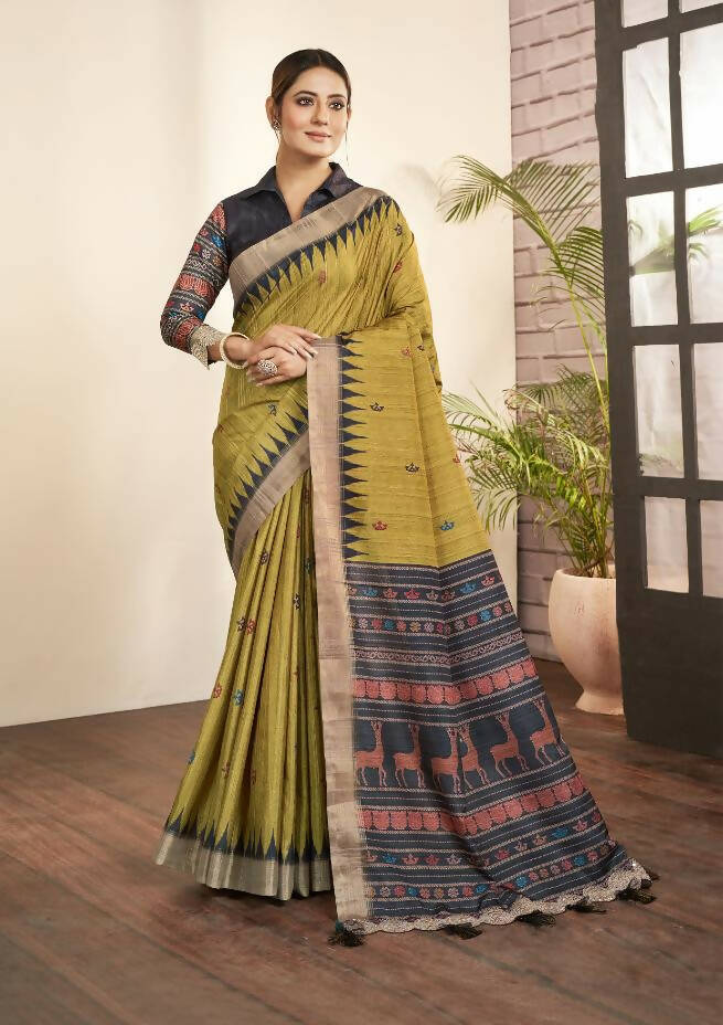 Olive Green Bhagalpuri Silk Paisley Print with Hand Mirror work Border Saree - Norita Nirvi - Distacart