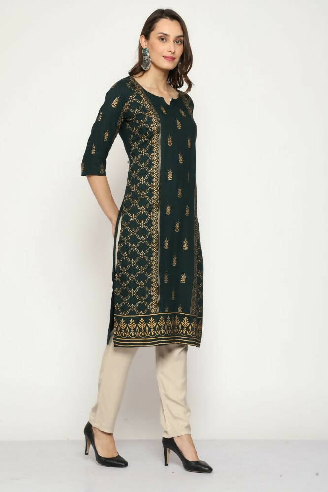Maai Rayon Hand Printed Kurta Green - Distacart