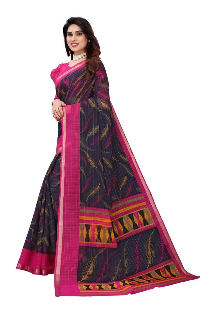 Vamika Navy Blue Linen Zari Border Saree