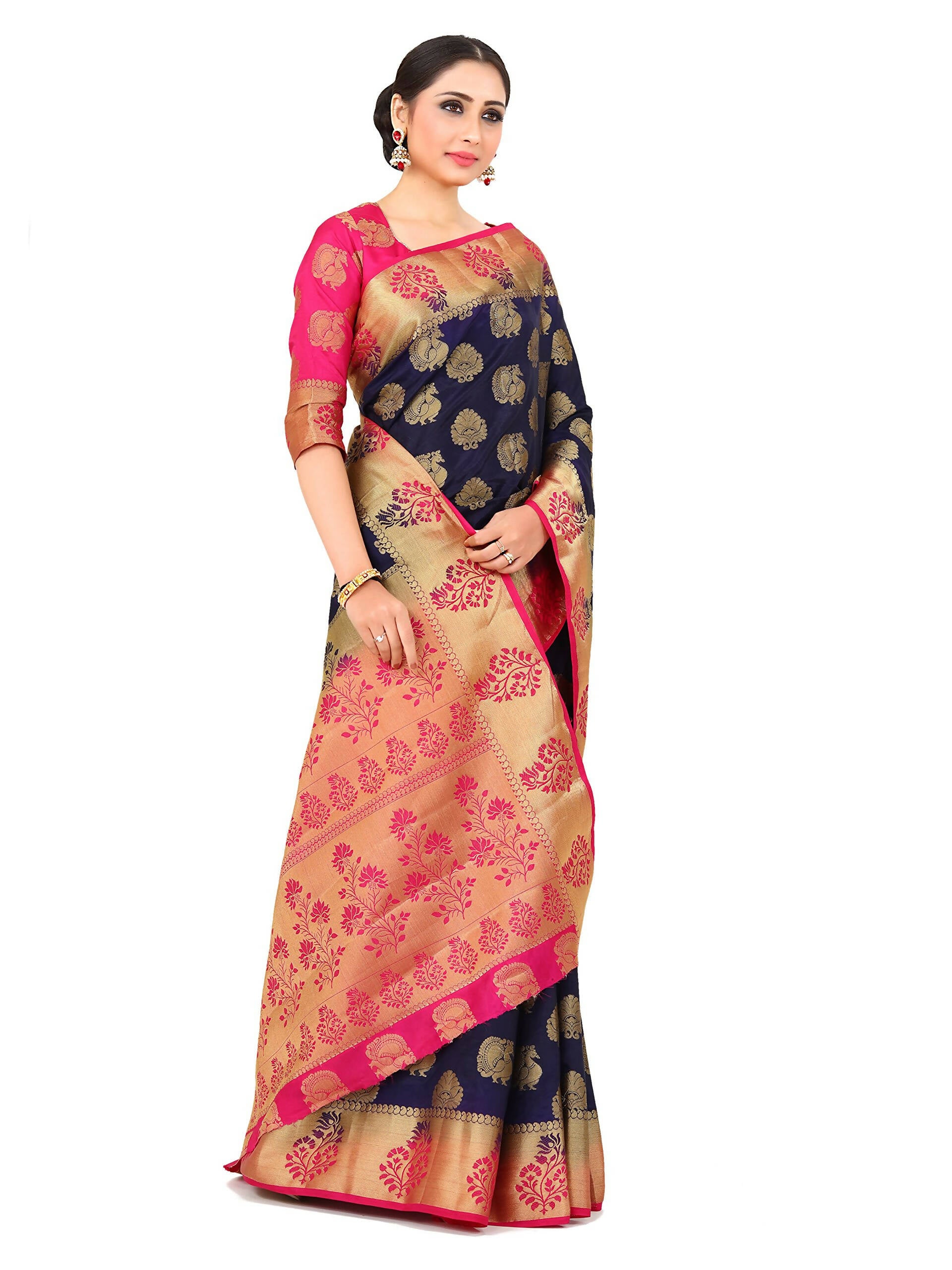 Mimosa Kanchipuram Silk Navy Blue Saree - Distacart
