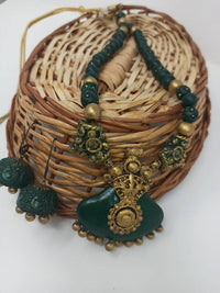 Thumbnail for Terracotta Dark Green Crown Pendant Long Necklace Set Paired with Hanging Temple Jhumkas
