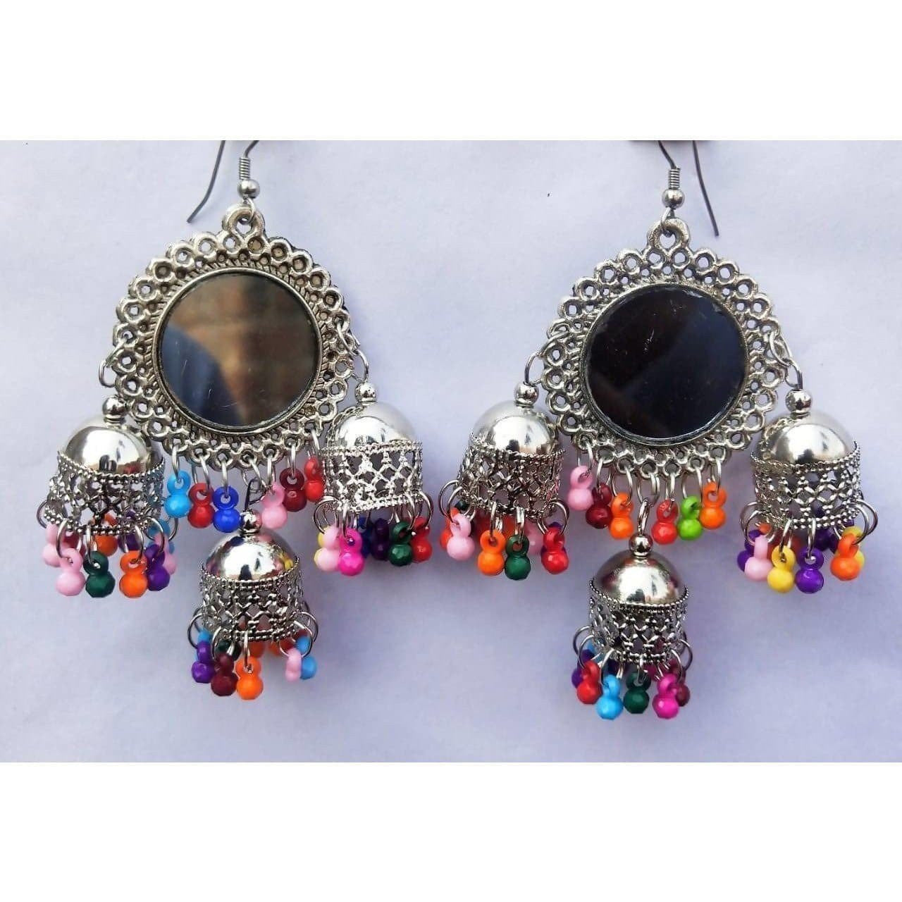 Sun Design Mirror Silver Oxidized Triple Jhumka With Pearls Hanging Afghani Earrings