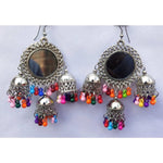 Thumbnail for Sun Design Mirror Silver Oxidized Triple Jhumka With Pearls Hanging Afghani Earrings