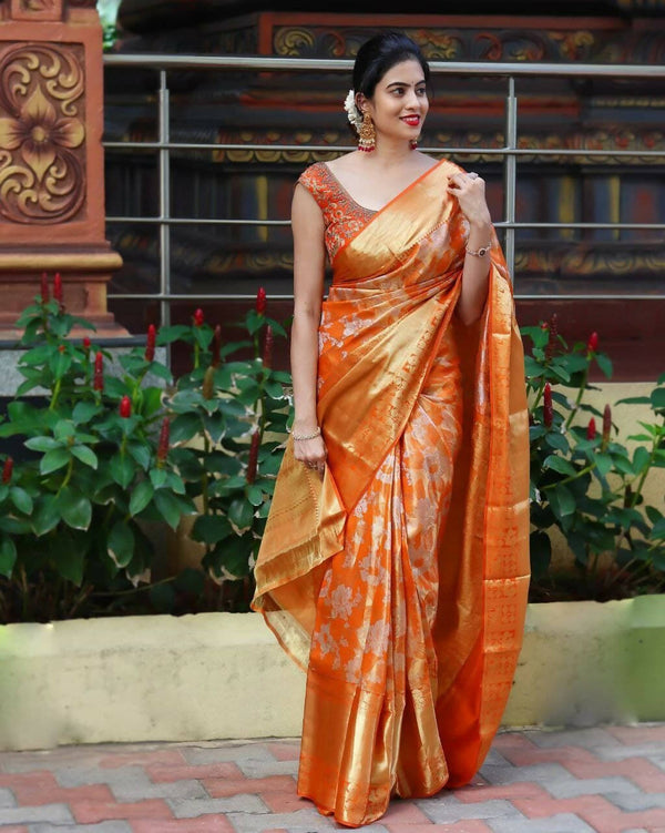 DEIANA'S Beautiful Golden Jari with New Design Soft Lichi Silk Saree - Orange - Distacart