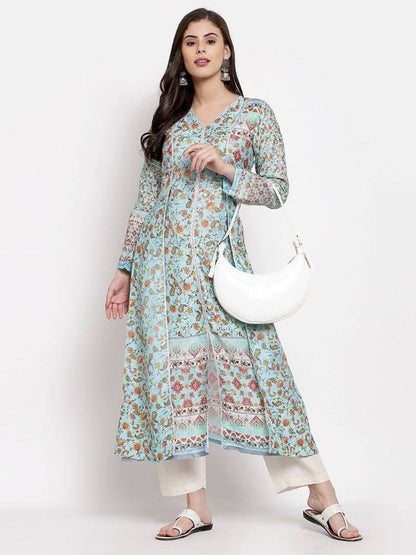 Myshka Women's Multi Cotton Printed Full Sleeve V Neck Casual Kurta