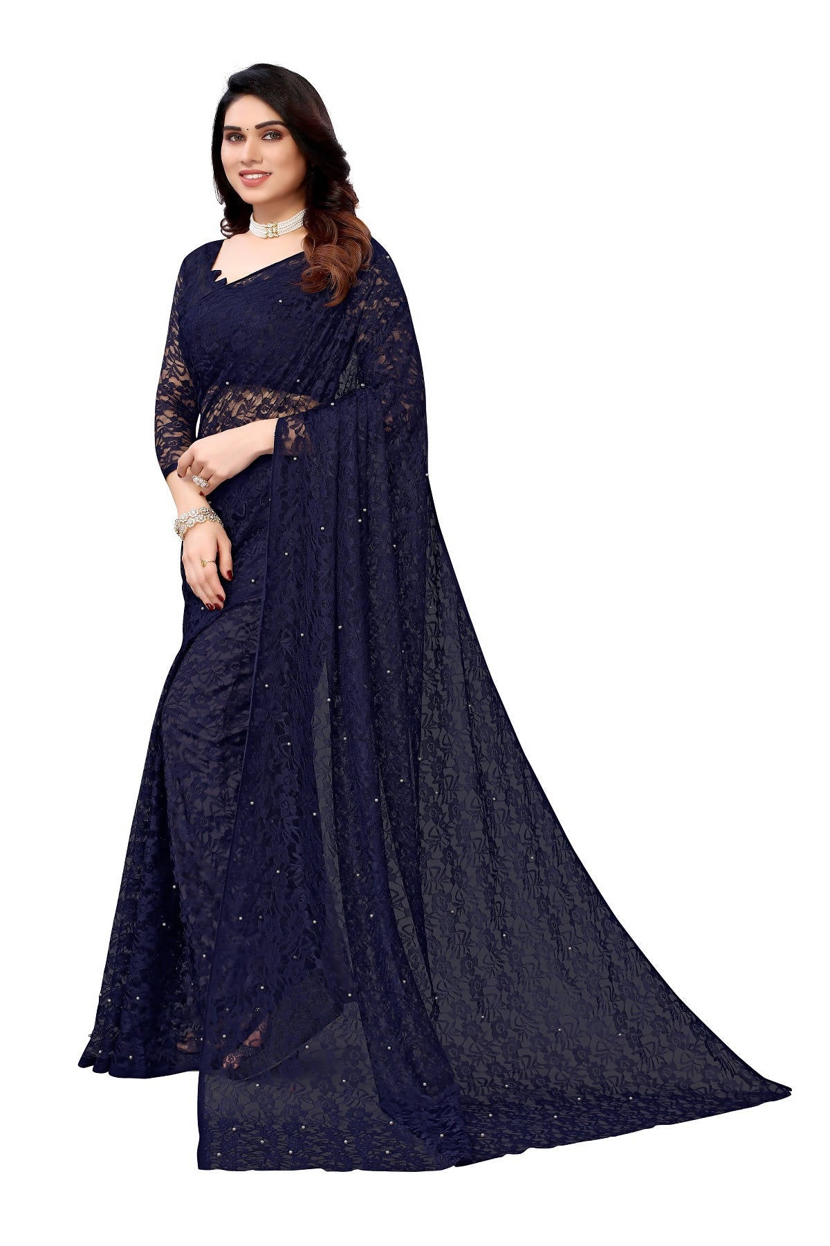 Vamika Ethnic Fire Navy Pearls Net Saree - Distacart