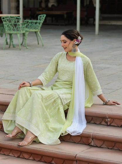 Juniper Women's Lime Green Cambric Floral Print Kurta Sharara Sets - Distacart
