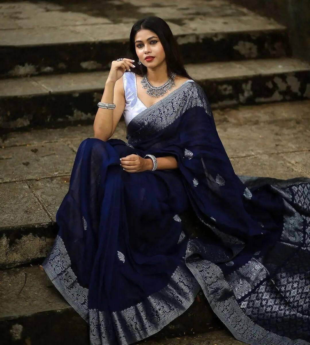 DEIANA'S Beautiful Golden Jari with New Design Soft Lichi Silk Saree - Navy Blue - Distacart