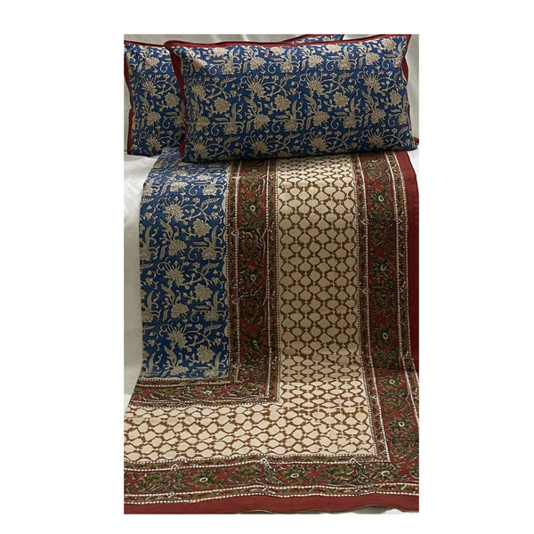 Clovers & Crafts Hand Block Kalamkari King Size Bedsheet With 2 Pillow Covers (KAL B) - Distacart