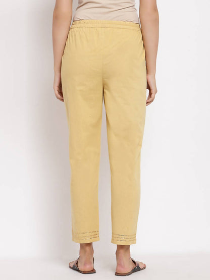 Myshka Women's Cream Cotton Solid Casual Trouser