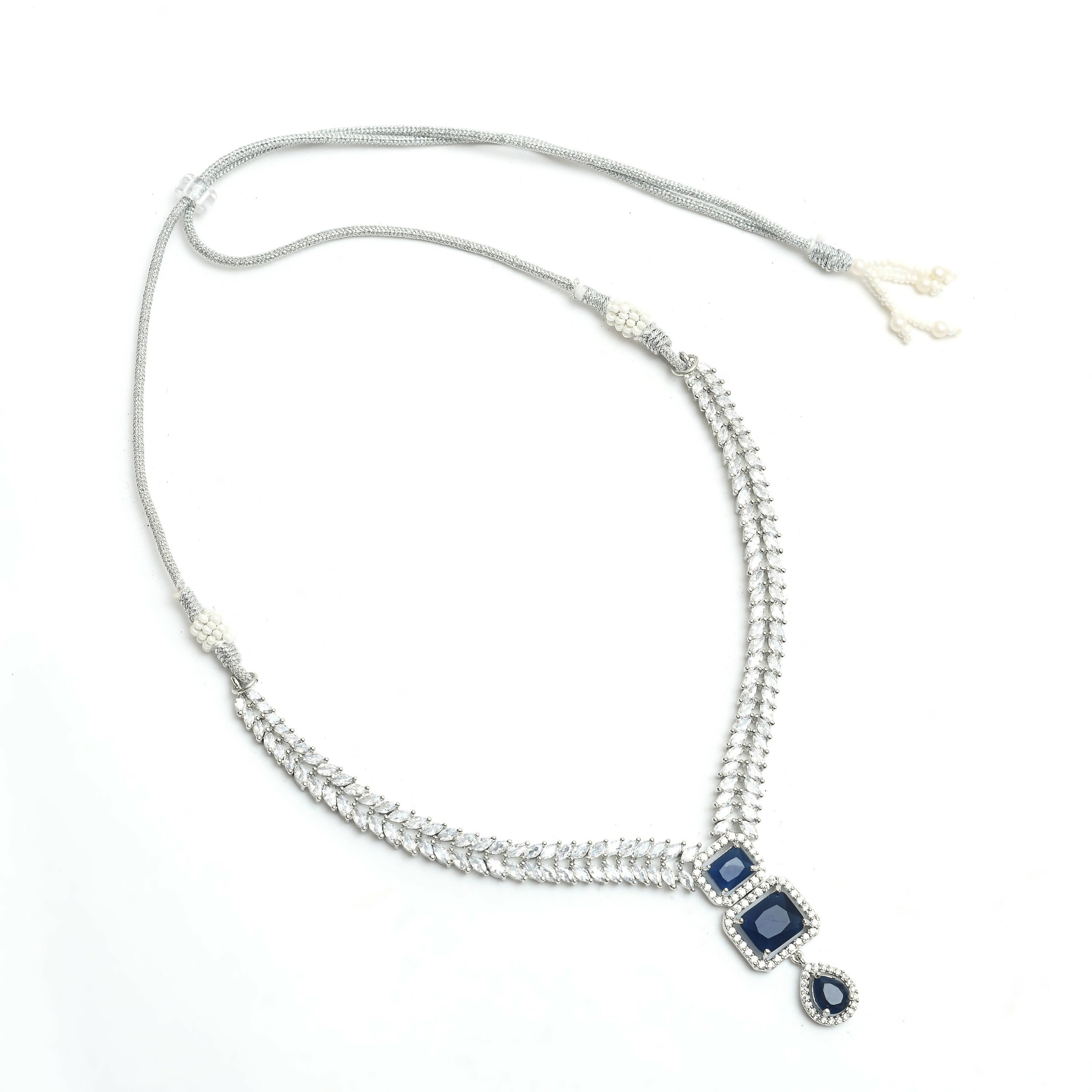Mominos Fashion Johar Kamal Silver-Plated American Diamond Navy Blue Choker Set - Distacart