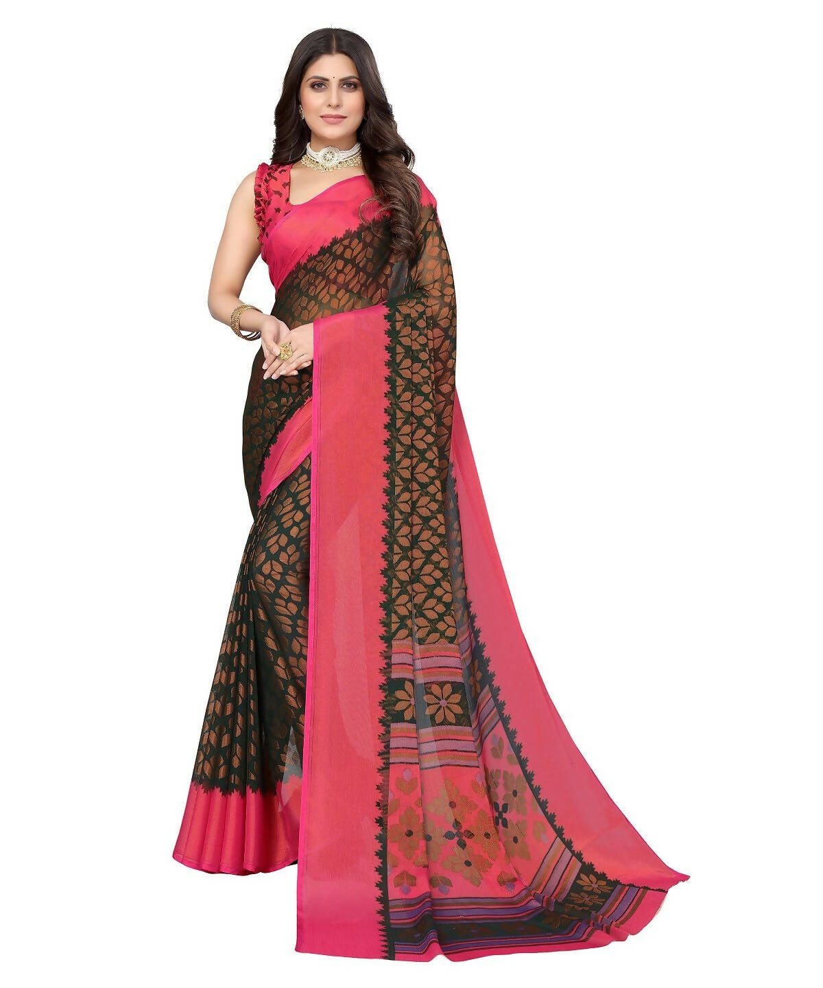 Vamika Green Chiffon Brasso Bollywood Style Woven Saree (ALIZA GREEN) - Distacart