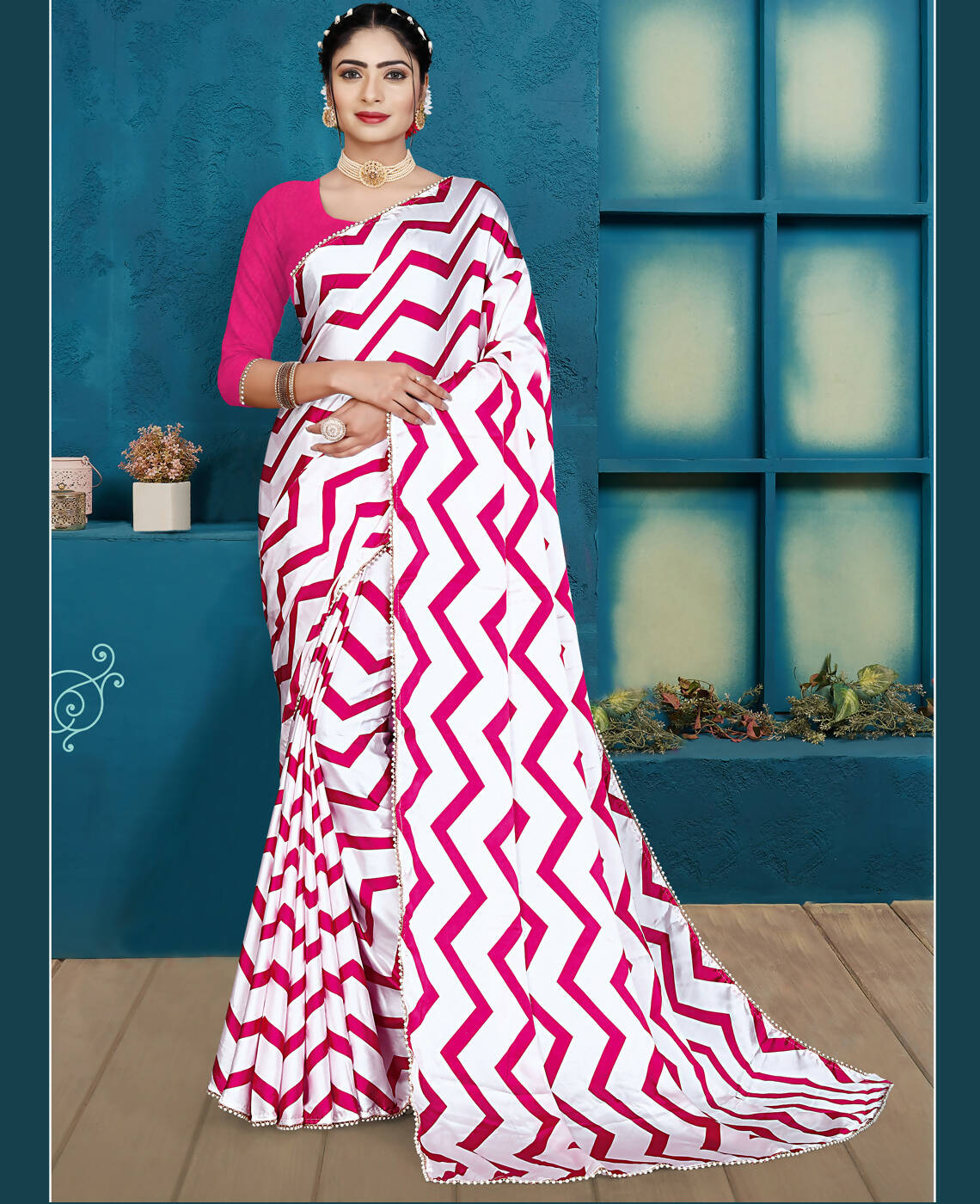 Pink Japan Satin Stripe Printed Saree With Unstitched Blouse Piece - Laavanya - Distacart