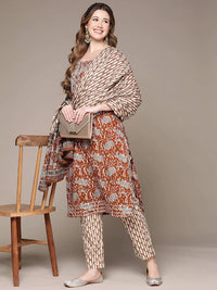 Thumbnail for Anubhutee Rust Red Embroidered Pure Cotton Kurta with Trousers & Dupatta - Distacart
