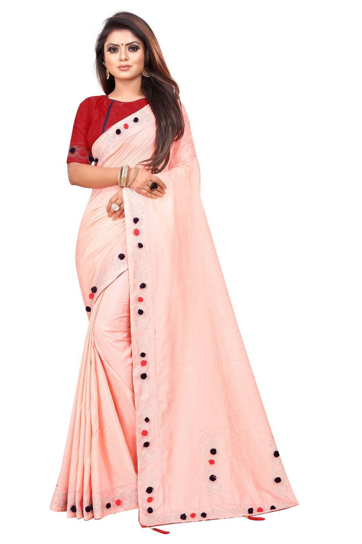 Vamika Peach Sana Silk Diamond And Pom Pom Saree