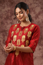 Thumbnail for Juniper Women Maroon Chanderi Silk Embroidered & Printed Layered Dress - Distacart