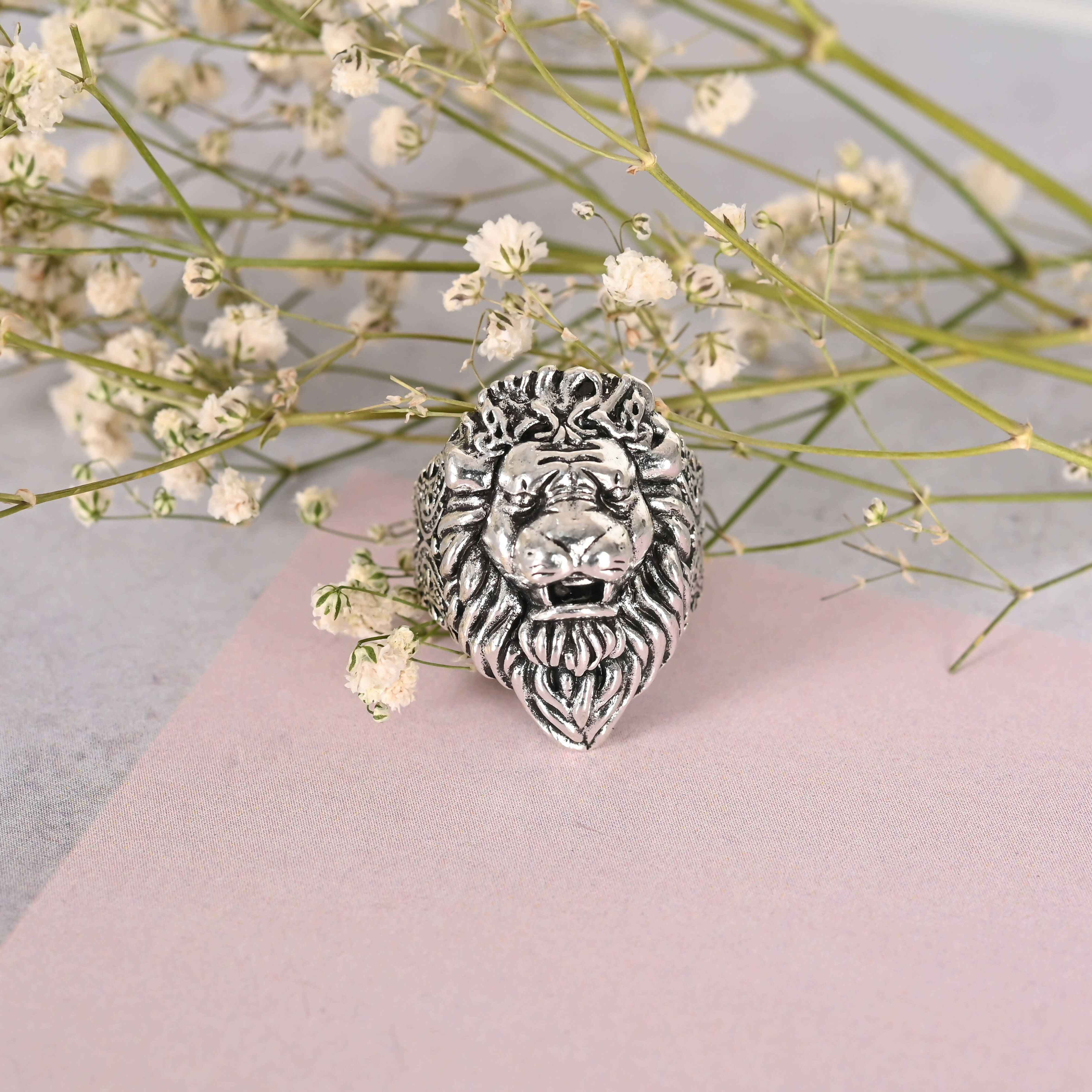 NVR Men Silver-Plated Lion Face Finger Ring - Distacart
