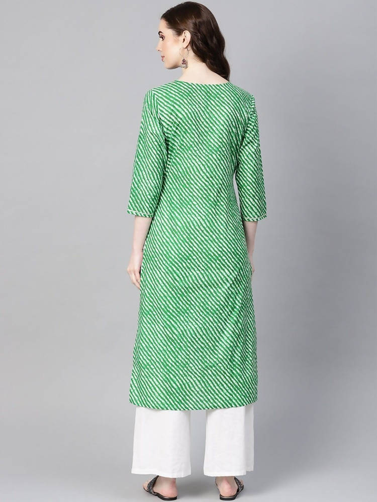 Yufta Women Green & Off-White Leheriya Dyed Straight Kurta