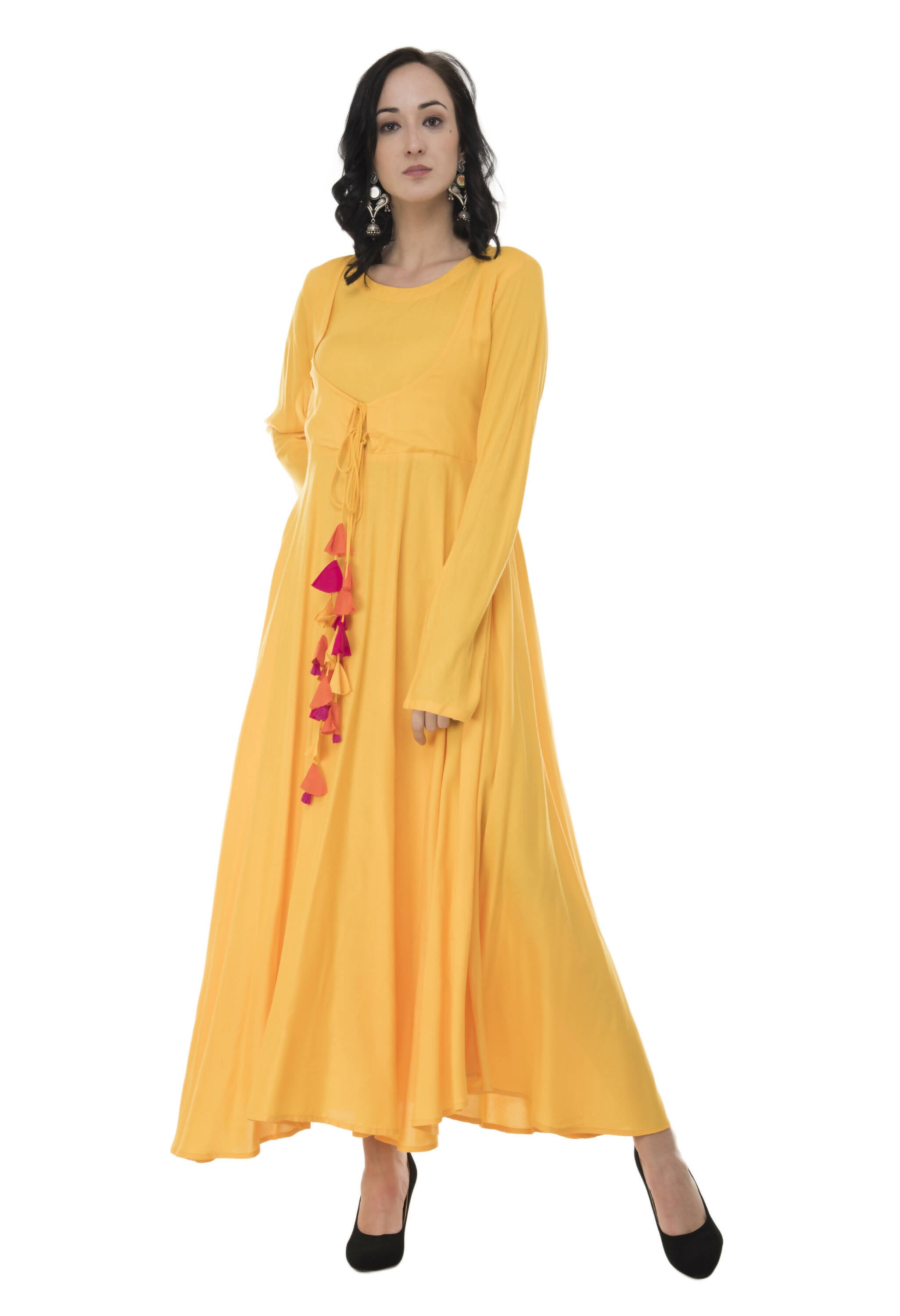 Women's Yellow Flared Kurti With Front Round Neck And Choli Cut With Dori And Tassels - G & A Apparels - Distacart