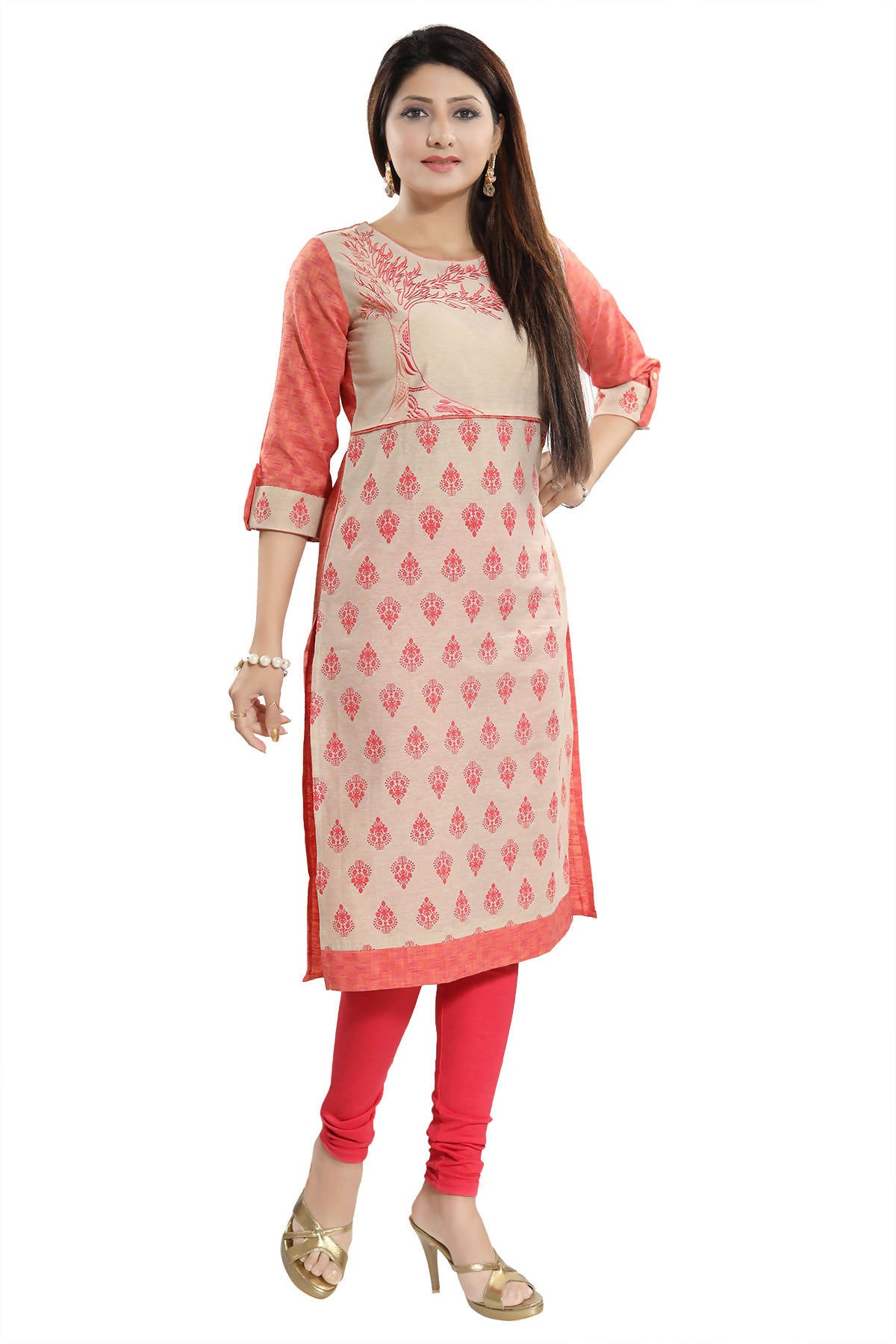 Snehal Creations Flamboyant Tomato And Beige Cotton Printed Tunic - Distacart