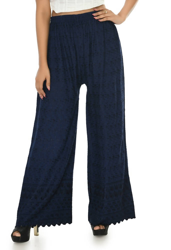 Mominos Fashion Moeza Reyon Cotton Navy Blue Chikan Work Palazzo