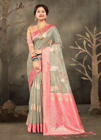 Thumbnail for Grey Cotton Zari Woven Design Saree with Unstitched Blouse Piece - Aachal - Distacart