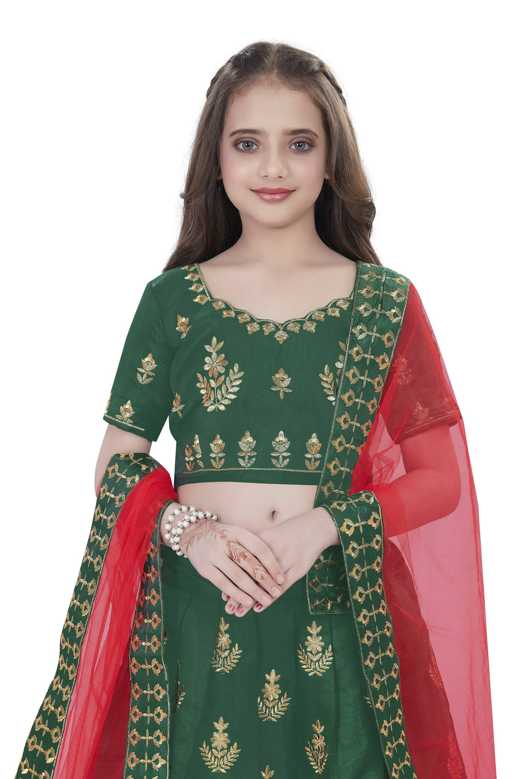 Dwiden Green Kamal Tafetta Sattin Semi-Stitched Girl's Lehenga Choli - Distacart