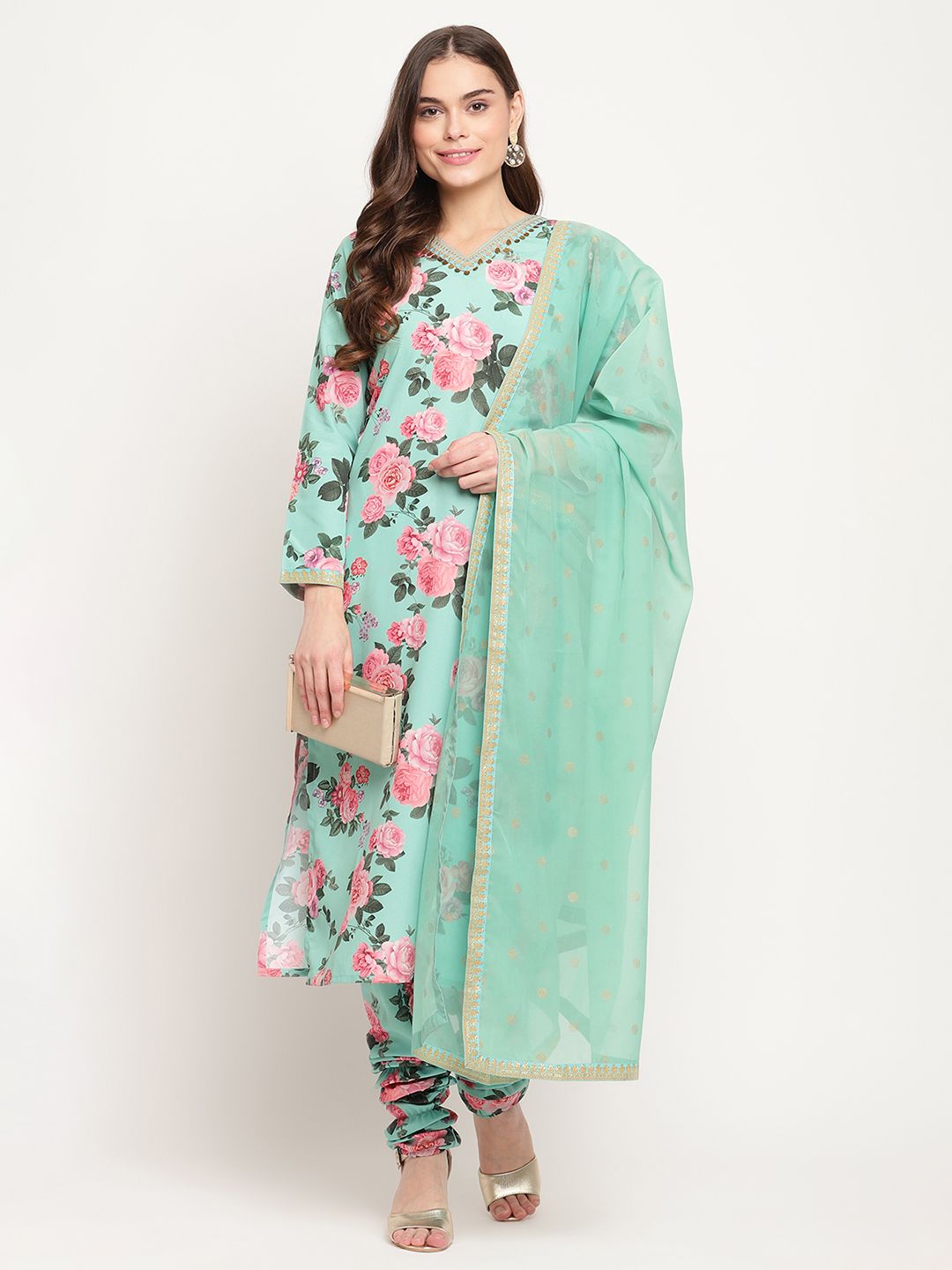 Ahalyaa Women Green Floral Printed Regular Kurta Churidar Set & With Dupatta
