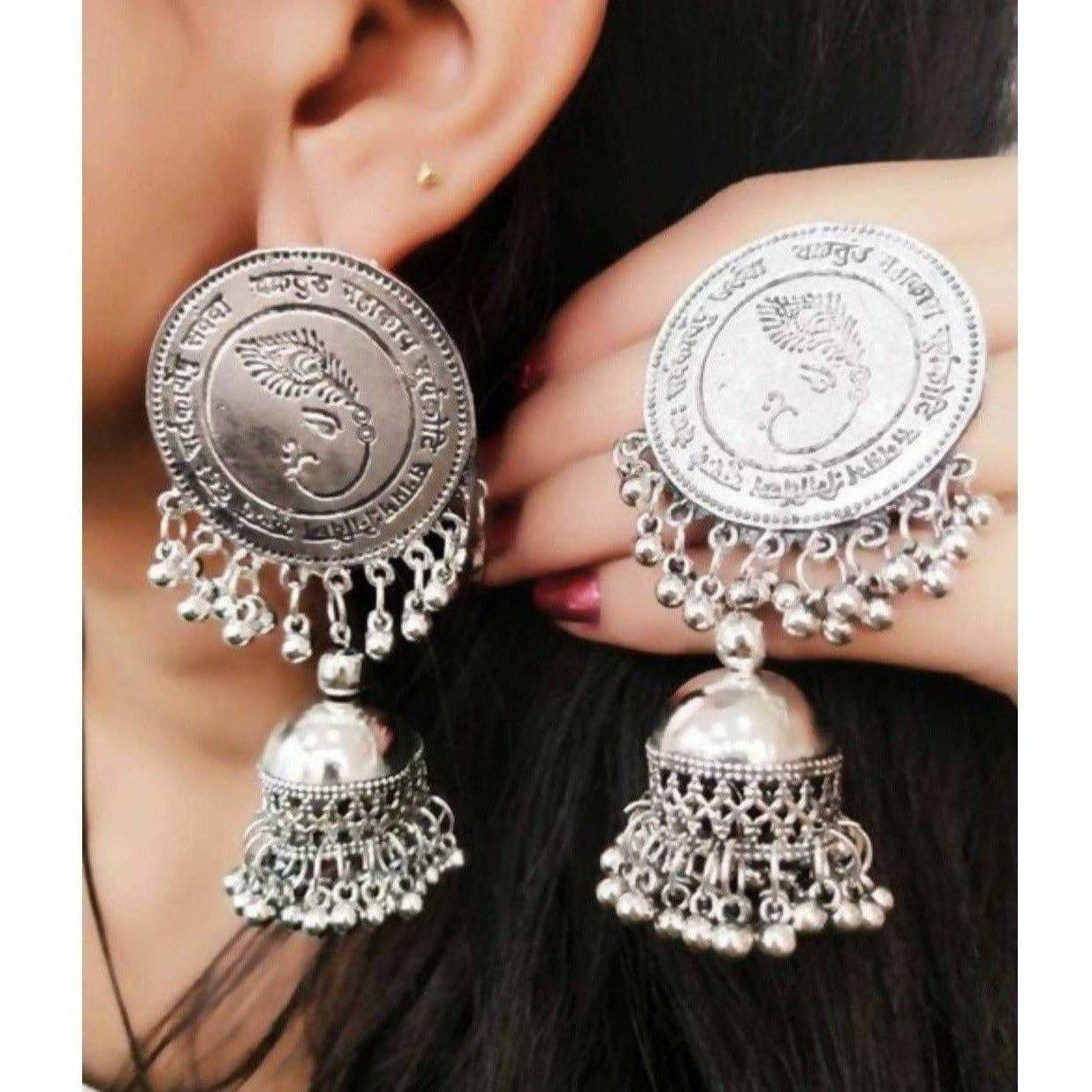 Lord Ganesh Symbol Silver Color Jhumka Earrings