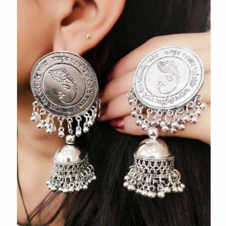 Lord Ganesh Symbol Silver Color Jhumka Earrings