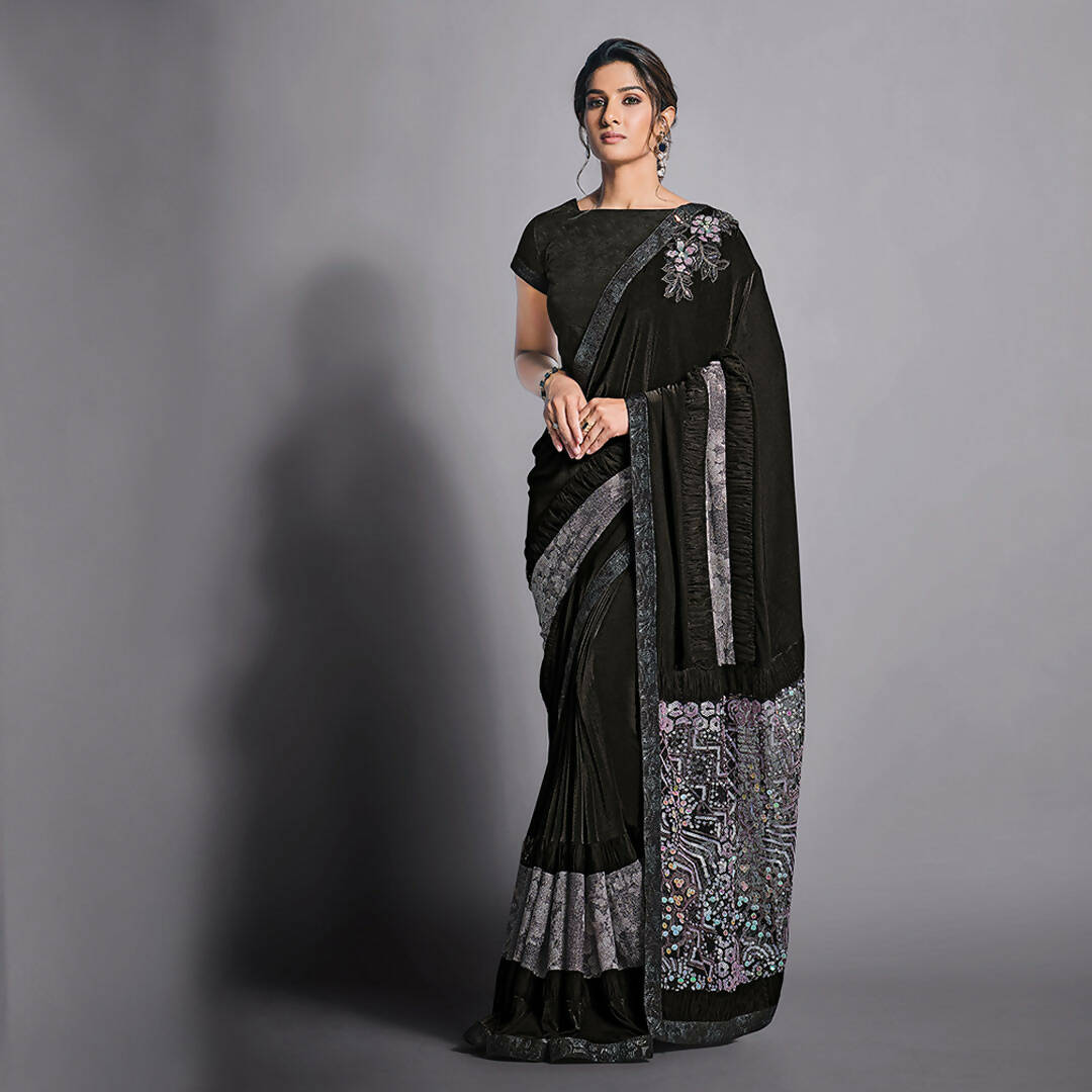 Black Lycra Raw Silk Multi-Colored Sequins Embroidery, Handwork Butta Saree - Norita Eileen - Distacart