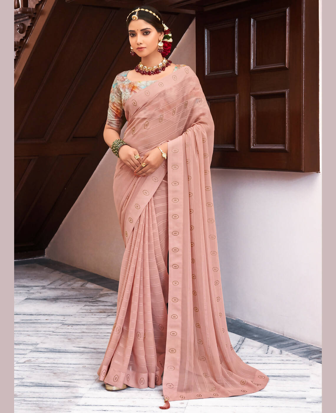 Peach Georgette Swaroski Work Saree With Unstitched Blouse Piece - Juhi - Distacart