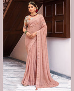 Thumbnail for Peach Georgette Swaroski Work Saree With Unstitched Blouse Piece - Juhi - Distacart