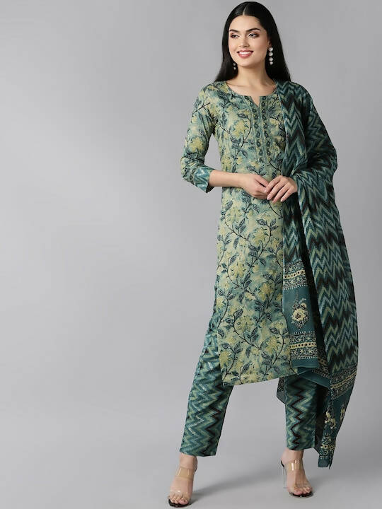 Ahika Women Green Floral Printed Regular Pure Cotton Kurta With Trousers & Dupatta - Distacart