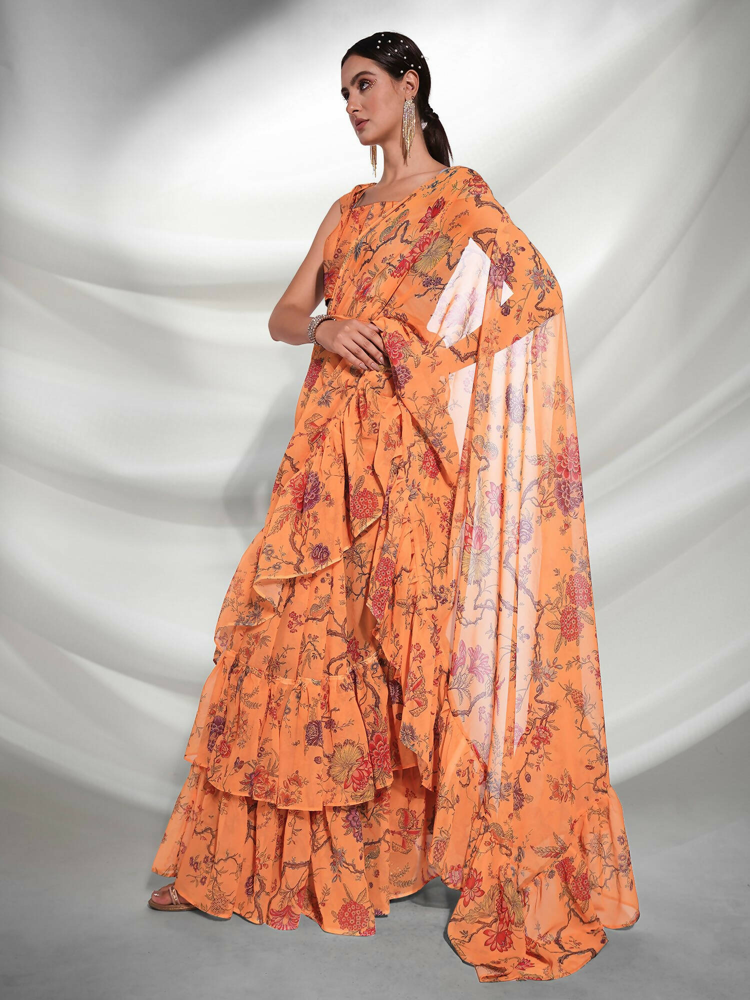 Orange Georgette Floral Printed Saree With Unstitched Blouse Piece - Rajal - Distacart
