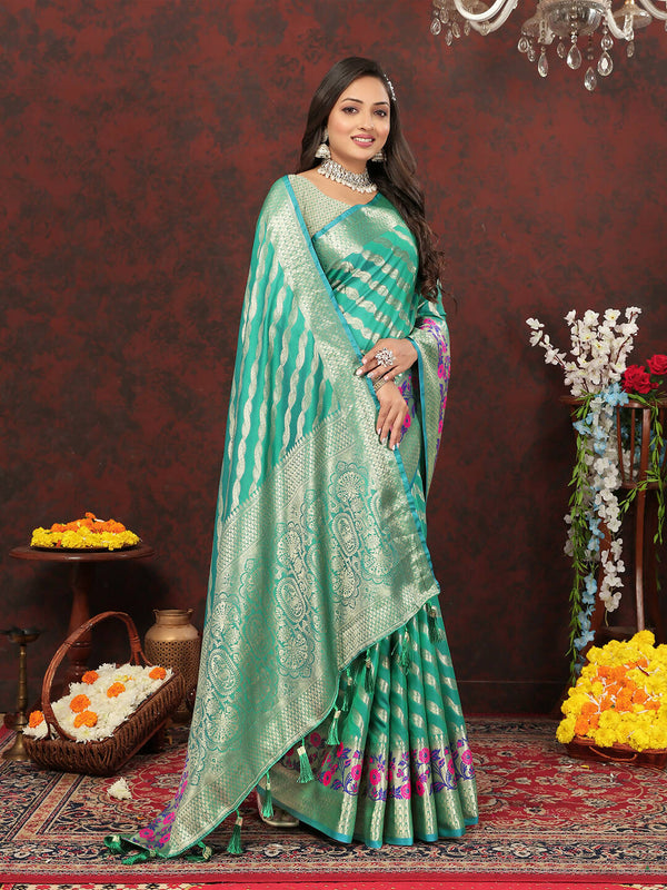 Lorenvalley Fashion Teal Soft Silk Woven Design with Zari Weaving Leheriya Design Saree - Distacart