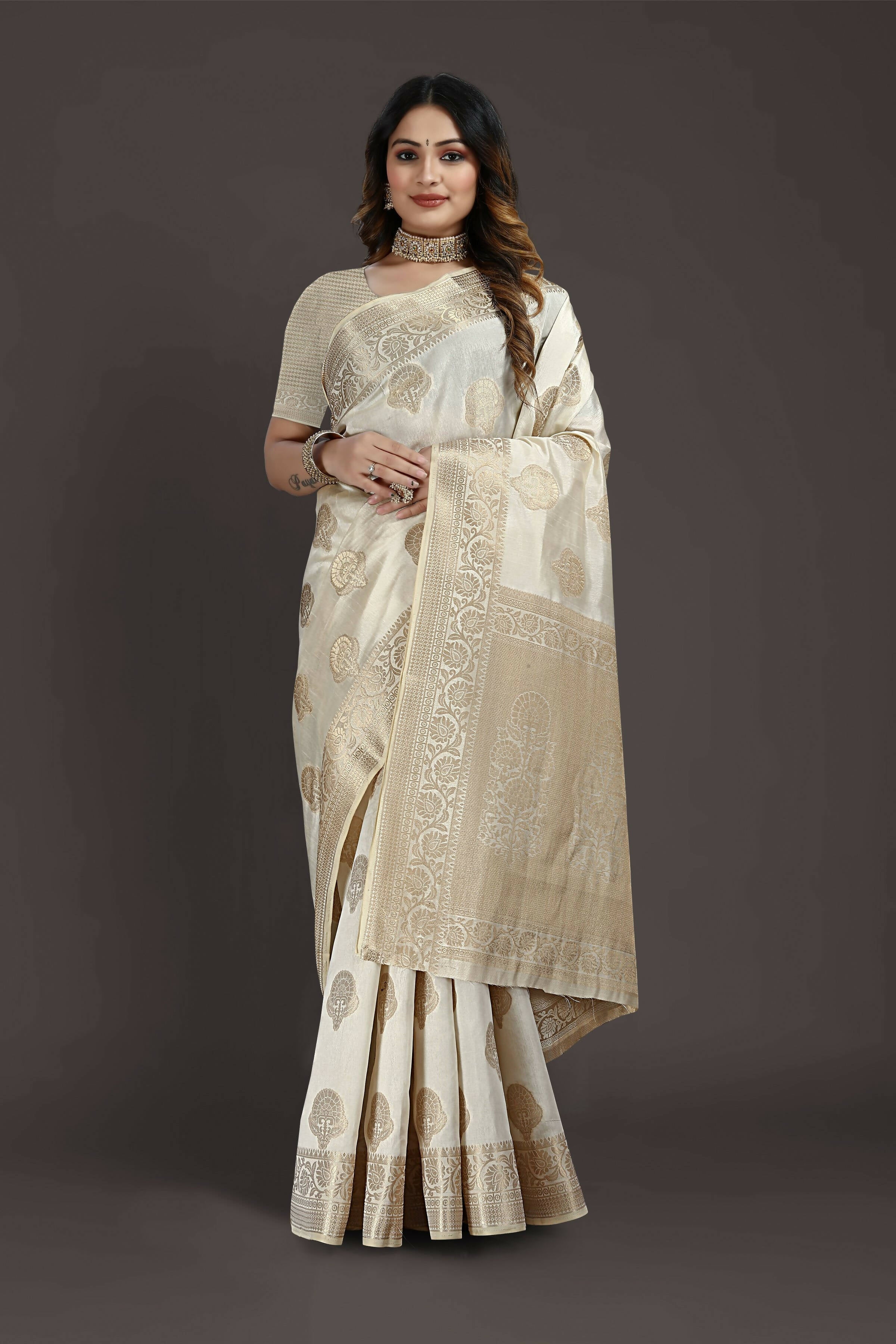 Off White Pure Raw Silk Zari Woven Saree with Unstitched Blouse Piece - Alisha - Distacart