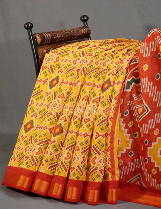 Yellow And Red Coloured Patola Print Semi Chanderi Saree By Gayathri Reddy Designer Studio - Distacart