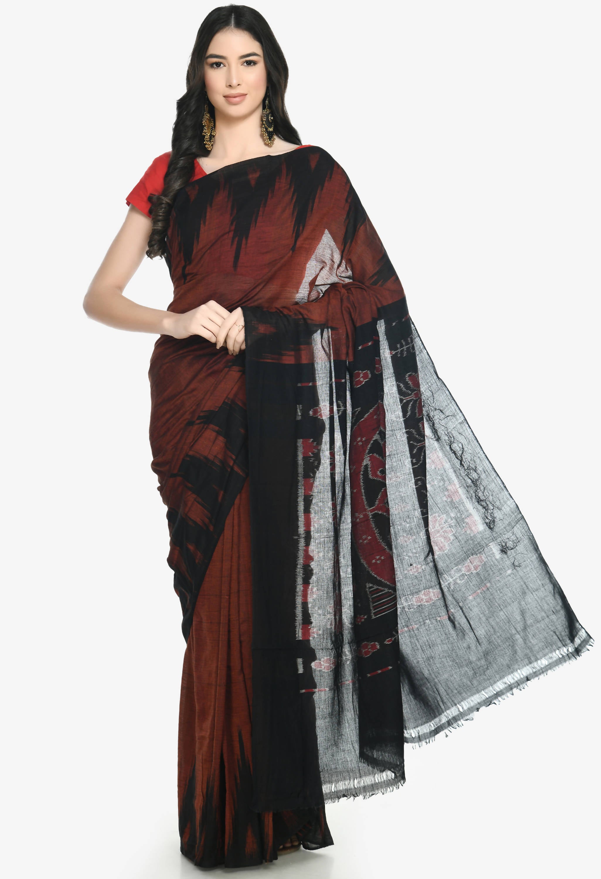 Vamika Sambalpuri Ikat Cotton Kargil Brown & Black Saree - Distacart