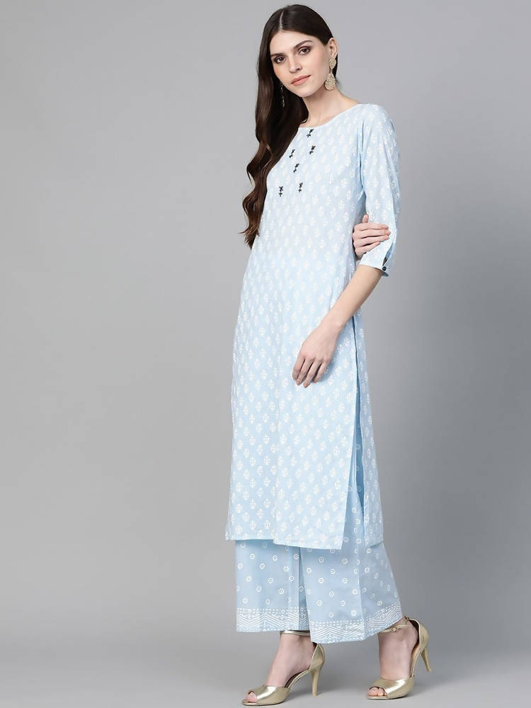 Yufta Women Blue & White Printed Kurta with Palazzo & Dupatta