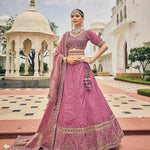 Thumbnail for Onion Pink Heavy Viscose Khatli, Embroidery & Mirror Work Unstitched Lehenga Choli - Sisha Keshav - Distacart