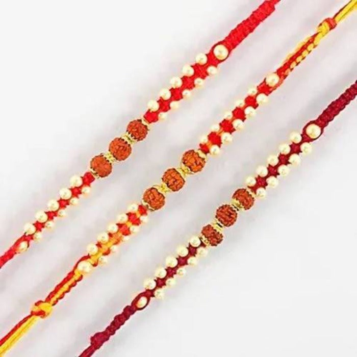 Set of 3 Sleek Rudraksha Rakhi and Almond Treat Chocolate